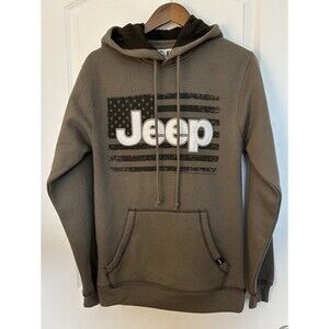 Jeep Hoodie Mens Small Olive Green American Flag Pullover Kangaroo Pocket Logo